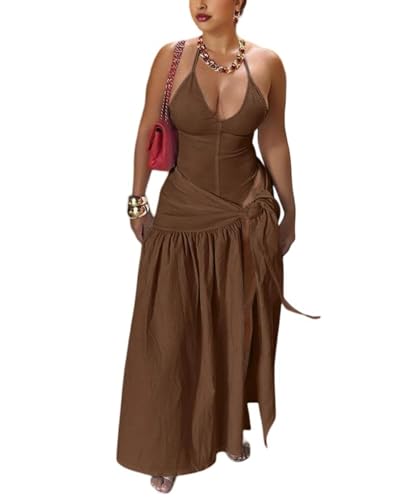 Two Piece Skirt Set Women Sexy Halter Backless Bodysuit and Wrap Tied High Split Summer Maxi Skirt Set