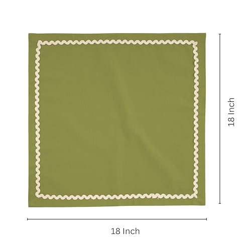 Image of FINGERCRAFT Cloth Napkins Set of 6, 18x18 Inch, 100% Cotton Table Napkins with RIC Rac Scallop Lace Trim, Reusable Washable Dinner Napkins for Wedding, Party, Dining & Home Decor (Olive)