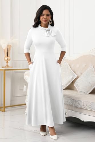 Image of FANDEE Maxi Dress for Women Long Elegant 3 /4 Sleeve Bow Tie Neck A Line Casual Party Church Dresses with Pockets
