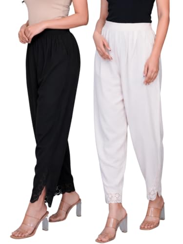 Image of Leriya Fashion Trousers for Women | Cotton Ethnic Palazzo Pants with Lace Embroidery | Elastic Waist Wide Leg Casual Women Trousers | Comfortable Summer Woman Trouser Pants