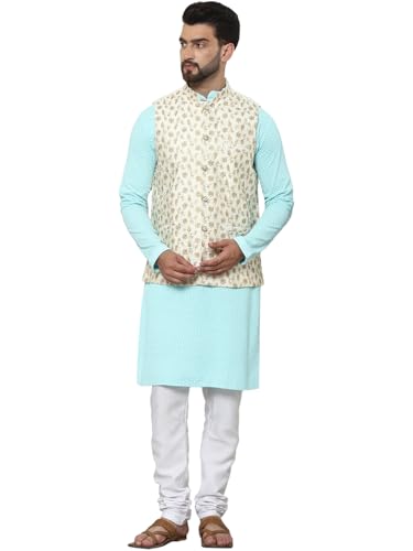 Image of SOJANYA (Since 1958 Men's Cotton Linen Maroon Kurta and White Pyjama with Mustard Cotton Nehru Jacket