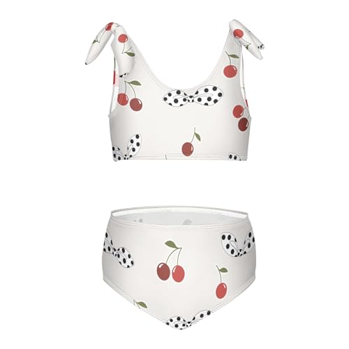 Girls Cherries and White Polka Dot Bows Pattern Swimsuit Two Pieces Bikini Set Bathing Suits Swimwear Crop Top Swimsuit Set