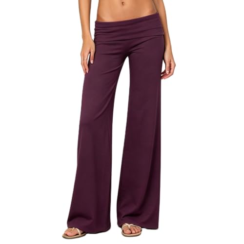 Image of Lounge Yoga Pants for Women Fold Over Low Waist Wide Leg Bell Bottoms