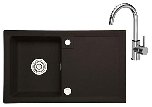 Spüle Granit 70x45 cm Einzelbecken Einbauspüle KüchenspüleSpültischarmatur 360°drehbar U- Form Wasserhahn Einhebel Kalt-warm