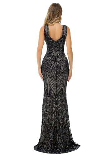 Image of Women's Wedding Bridesmaid Gown Sequined Mermaid V Neck Sleeveless Evening Dress