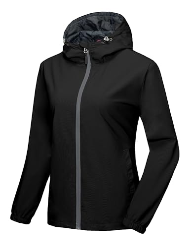 Little Donkey Andy Women's Lightweight Windbreaker Jacket with Hood Breathable Windproof Spring Fall Summer Jacket Hiking Running Golf UPF50+ Black L
