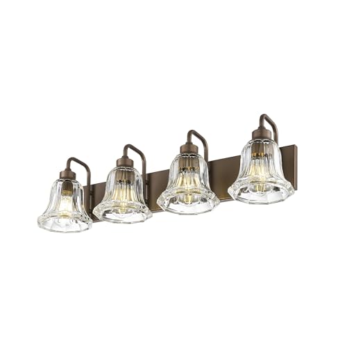 Image of zeyu 4-Light Bathroom Vanity Lighting in Oil Rubbed Bronze Finish, Farmhouse Wall Mount Fixture Over Mirror with Clear Striped Glass, ZJX117B-4W ORB