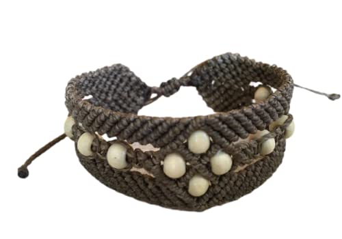 Pulsera macramé gris hecha a mano con hilo encerado y cuentas cristal mate azul Cierre ajustable