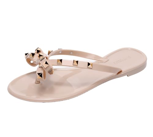 Image of Studded Jelly Shoes for Womens Bow Flip Flops Jellies Sandals Flat Black Summer Beach Thong with Rivets Strappy Slides Slip On
