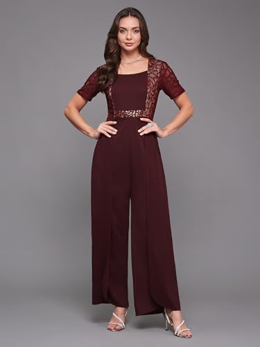 Image of Miss Chase Women's Halter Neck Sleeveless Solid Wide Leg Sequin Paneled Regular Length Jumpsuit