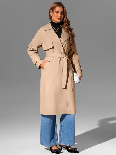 Image of Bellivera Women's Classic Long Windproof Trench Coat With Belted Waist | Notch Lapel Collar,Breasted Button Front,Adjustable Cuff Straps,Side Slant Pockets,Spring Fall Daily Commute Office Wear
