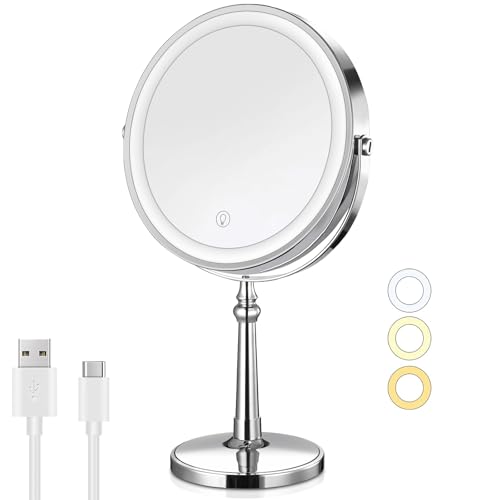 10X-Lighted-Makeup-Mirror-9-Rechargeable-Magnifying-Mirror-with-3-Colors-1x10x-Double-Sided-Touch-Screen-Vanity-Mirror-Brightness-Adjustable-Cosmetic-Light-up-Mirror-Gift-for-Women