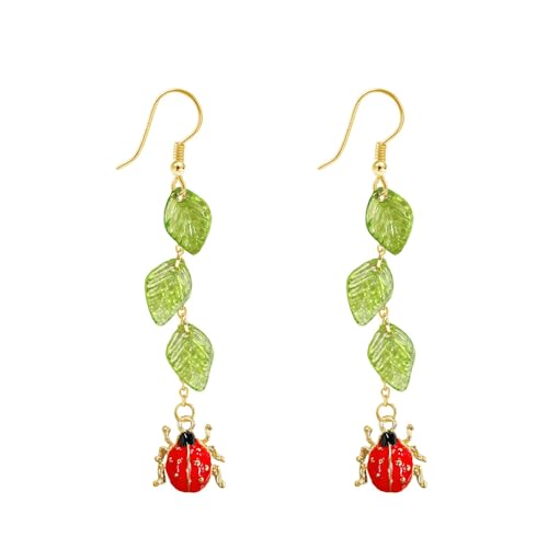 Green Leaf Ladybug Dangle Drop Earrings Vintage Gold Plated Acrylic Red Enamel Animal Long Tassel Dangling Lightweight Trendy Hypoallergenic Jewelry