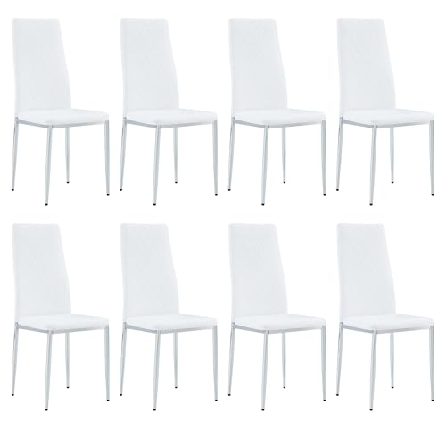 Ganooly Modern Dining Chairs Set of 8, White PU Leather Kitchen Chairs Set of 8, Upholstered High Back Chair with Silver Metal Legs for Kitchen, Dining Room, Restaurant
