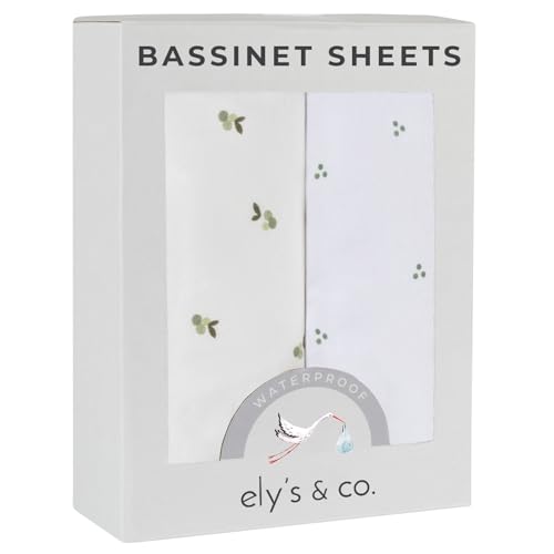 Image of Ely's & Co. Patent Pending Waterproof Bassinet Sheets, 100% Cotton with Waterproof Lining, Built in Bassinet Mattress Protector – 2 Pack Fitted Sheet Set, Berry and Cluster Dot (Sage) 32” x 16”