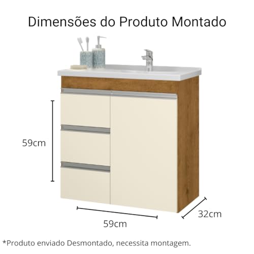 Armário Gabinete de Banheiro com 03 Gavetas e Cuba Malibu Fhem móveis Cor OffWhite/Freijó