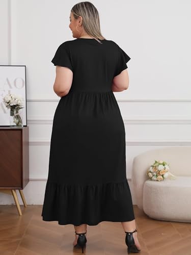 Moon Wood Women's 2025 Plus Size Casual Dress Crew Neck Ruffle Short Sleeve Summer Maxi Dresses with Pockets2