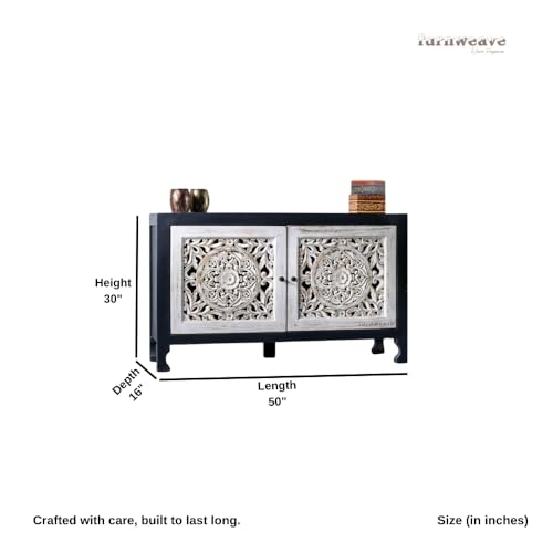 Image of Yepa Wooden Sideboard Cabinet for Living Room | Handcrafted Solid Wood Storage Cabinet with Carved Doors | Crockery Cabinet for Home | Crockery Furniture for Home (White and Grey)