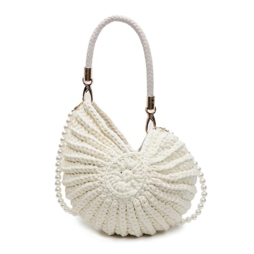 Women Conch Handbag Handwoven Shoulder Bag With Pearls Strap Top Handle Bag Stylish Crossbody Bag Seashells Bag