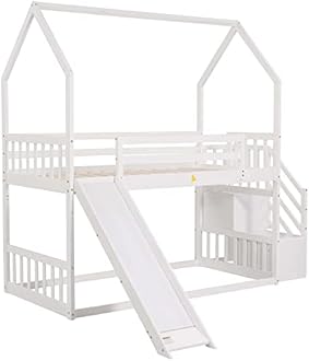 Aiuyesuo Twin Over Twin House Bunk Bed with Convertible Slide and Storage Staircase, Solid Wood Bunk Bed with Full-Length Guardrails for Kids Teens Boys Girls (White)