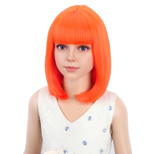Image of PATTNIUM Kids Orange Wig Orange Bob Wig for Girls Colored Wigs Cosplay Party Synthetic Daily Wear Children Wigs