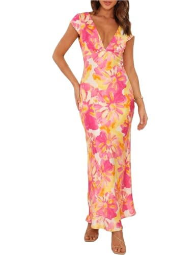 Image of Halfisland Womens Summer Satin V Neck Cap Sleeve Midi Dress Wedding Guest