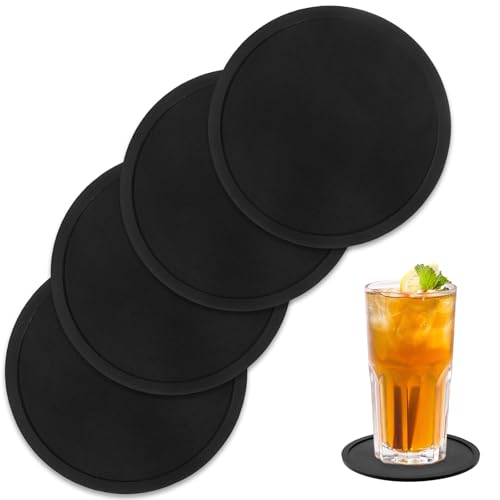 Black Coasters Set of 4, Silicone Coaster for Drinks Black Anti-Slip Desk Rubber Coaster Round Thickened Silicones Coasters Simple Cup Pad for Men Women Home Office Drink Coffee Wood Glass Table