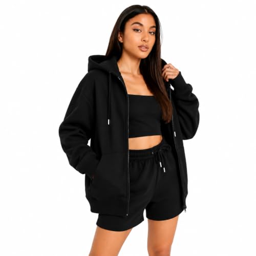 Image of Solid Hoodie Long Sleeve Front Zipper with 2 Pockets Sweatshirt for Women