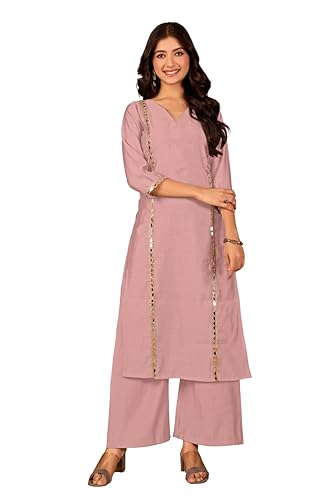 Image of Women Straight-Cut Kurta Pant Set with Subtle Golden Lace Embellishment | Elegant Ethnic Wear for Festive, Office & Casual Use