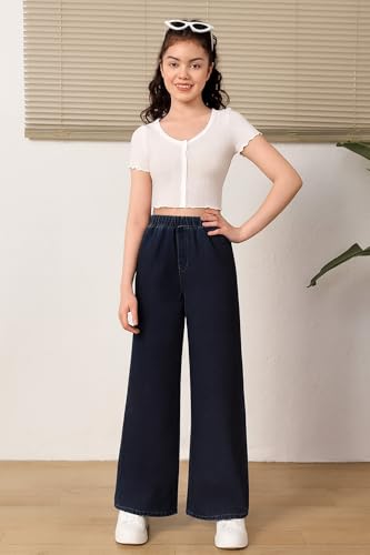 Image of ADBUCKS Girl's Stretch Denim Wide Leg Jeans Comfort Fit with Elastic Waistband, Straight Cut, Casual Style for All Seasons, Versatile Clothing