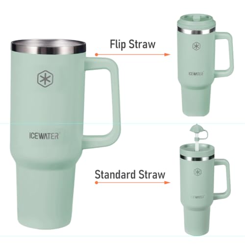 Image of ICEWATER 40 oz Tumbler with 2 Lids (Regular Straw and Flip Straw) | 100% Leak-proof Insulated Tumbler with Handle, Cup Holder Friendly, Stainless Steel Water Bottle, Secure Twist-Lock Straw