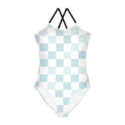 White Blue Girls One Piece Swimsuits Checkerboard Sport Halter Swimwear Beach Bathing Suit 9-10T
