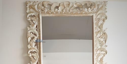 Image of Wooden Mirror Frame for Wall Decoration | 6x3 Feet Wall Mount | Solid Mango Wood | Handcrafted Carved Frame | White Distress Finish | Rectangular | Without Mirror