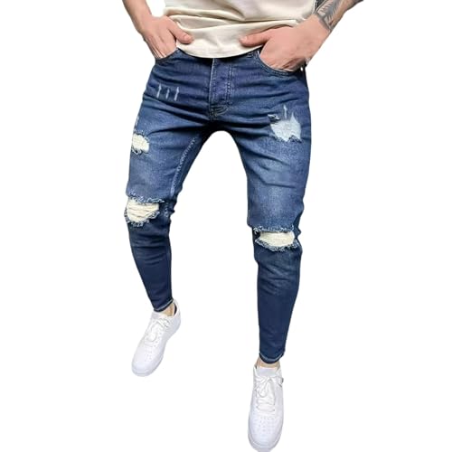 Jeans Pants Trousers Denim Street Trendy Piercing Slimming Stretch Water Washed Blue Commuter Casual for Men