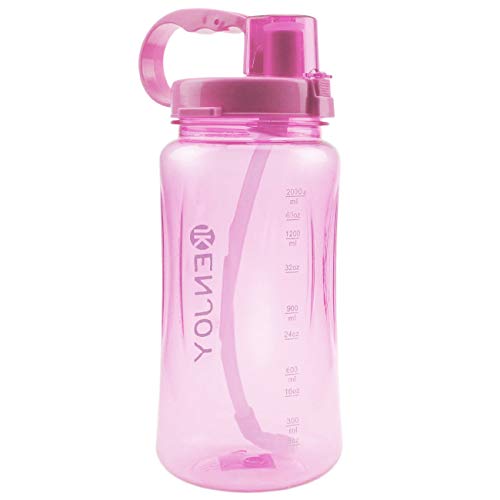 Lonni 2L Sports Water Bottles, Portable Wide Mouth Big Plastic Bottle Leakproof Space Cup Travel Mugs with Scale,Straw,Strap for Summer Outdoor Sports (Pink)