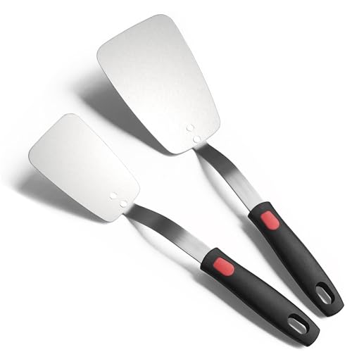 Stainless Steel Flexible Spatula Solid Turner, XiaoZu Thin Metal Spatula for Cast Iron Skillet, Thin Blade and Heat Resistant Silicone Handle, Great for Egg, Cookie, Meat, Crep, Small + X' Large