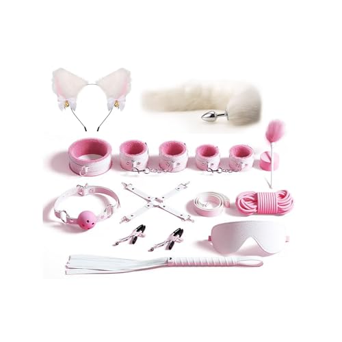 Image of BDSM Kit Restraints Toys Sex Bondage Cat Ears Butt Plug Tail Nipple Clamps Blindfold Handcuffs Collar Paddle Anal Butt Plug Sex Toys for Couple (White&Pink)