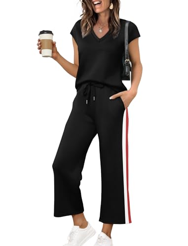 Image of Saloogoe Two Piece Sets for Women Summer Outfits Lounge Sets V Neck Tops Wide Leg Pants Woman Vacation Travel Outfits