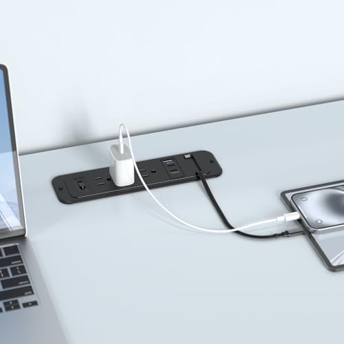 Recessed Power Strip with Retractable USB C Cable,2 PD 65W USB C Fast Charging,Flush Mount Countertop Drawer Outlet, Furniture Hidden Outlet for Side Table,End Table,3 Outlets (Black, 6FT-65W)