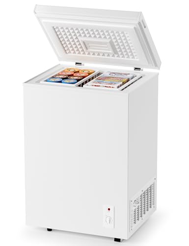 5.0 Cu.Ft Chest Deep Freezer with 2 Removable Baskets - Energy Efficient Ultra-Quiet and 6 Temp Manual Defrost - Free Standing Top Open Door for Home Garage Basement - White