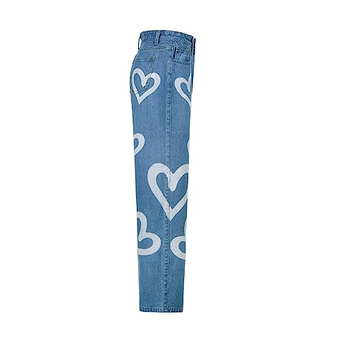 Women's High Waist Heart Print Wide Leg Loost Fit Vintage Boyfriend Jeans Teen Girls Streetwear Denim Pants