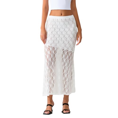 Women Y2K Lace Long Skirt Low Rise A-line Midi Skirt Summer Elegant Beach Party Floral Layered Flowy Maxi Skirts