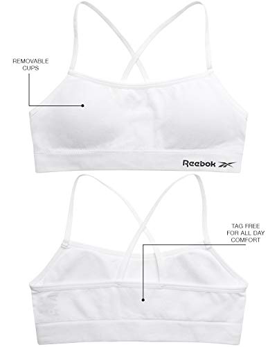 Reebok Girls' Bralette - Seamless Racerback Crop Cami Bralette With Removable Pads (2 Pack), Size Medium, All White #TOP3