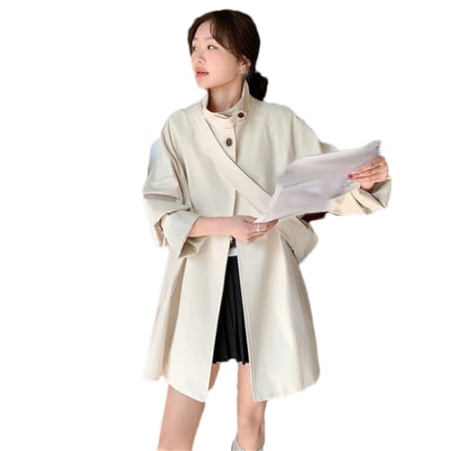 Pohullan Gabardina de cuello alto para mujer, holgada, de manga larga y cintura ancha, Crema-Blanco, L