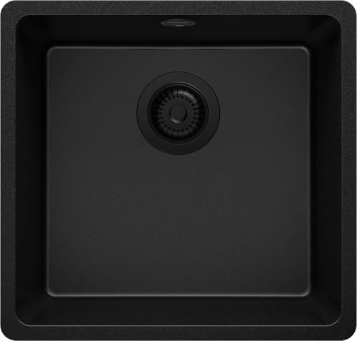 PRIMAGRAN Fregadero bajo Encimera Todo Negro 46x44cm, Cocina 1 Seno + Sifón, Granito al mueble 50cm - Venecia Easy S007