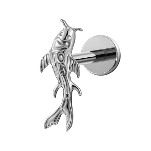 FINE4U Koi Fish Helix Conch Piercing Jewelry for Women 16G 6mm 8mm - ASTM F136 Titanium Cartilage Flat Back Earring Stud, Nikel free Labret Jewelry for Xmas