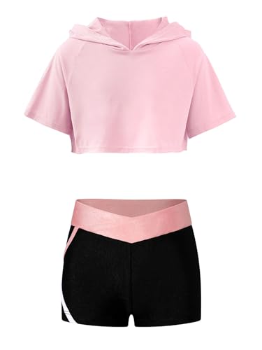Sport Workout Dance Outfits For Kids Girls Short Sleeve Hooded Crop Top Tees And Color Block Shorts Set Activewear A Pink 10 Years