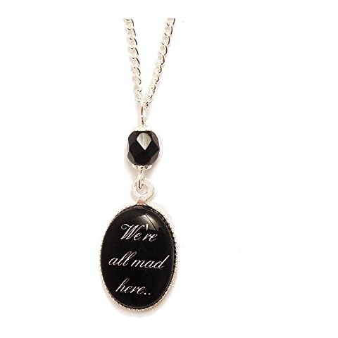 LunarraStar Women Silver Plated Oval Glass Alice in Wonderland We’re All Mad Here Cheshire Cat Quote Charm Necklace Pendant Cover