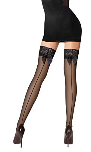 PrettyLoveHose Bas Voile Noir Couture Noeud Dentelles Auto-Fixant Silicone,Noir,Taille Unique T1 à T3 (36-38-40)