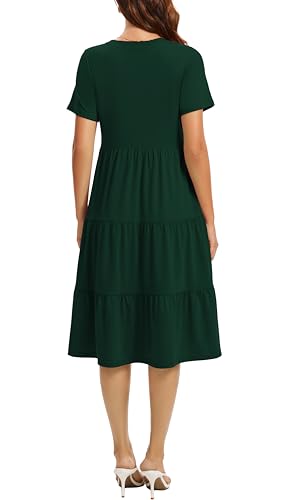 Image of Womens Summer Short Sleeve Crew Neck Midi Dress 2026 Casual Fit Flowy Tiered Beach Vacation Sundress with Pockets